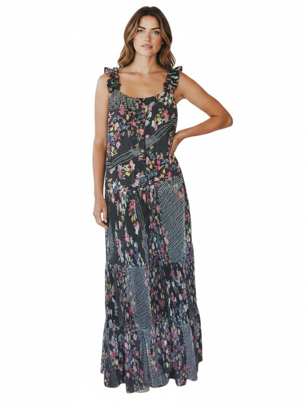 Lapis Black Floral Patchwork Maxi Dress with Ruffle Straps
